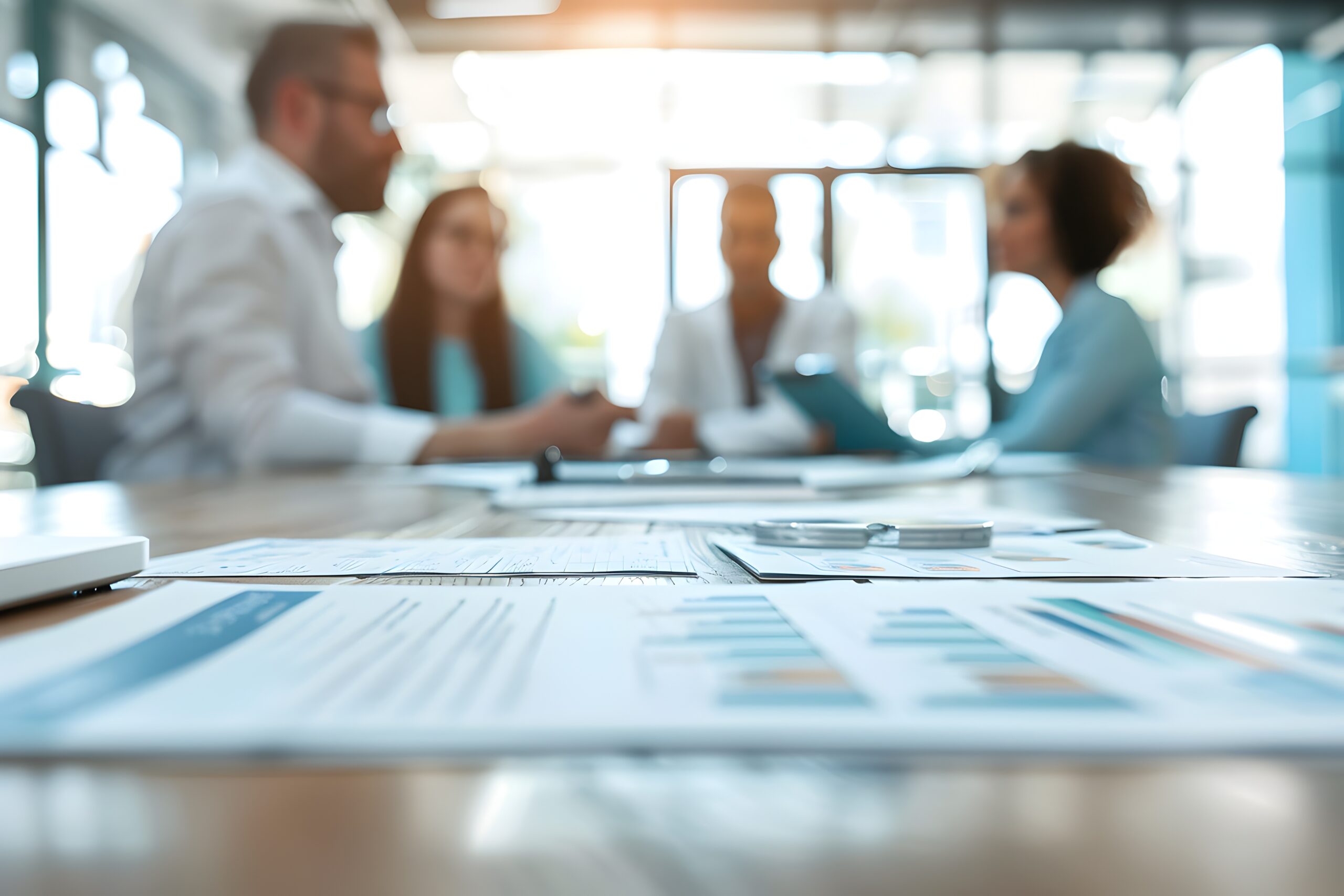 Insurance Agent Explaining Policy Details and Coverage to Clients in a Bright Modern Office Setting with Brochures and Documents Spread Out on the Desk