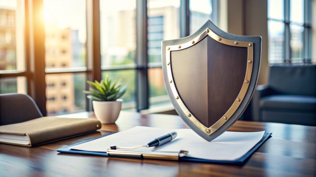 Shield and document on desk, signifying protection and security of investments, assets, and risks through comprehensive insurance policy coverage and strategic risk management plans.